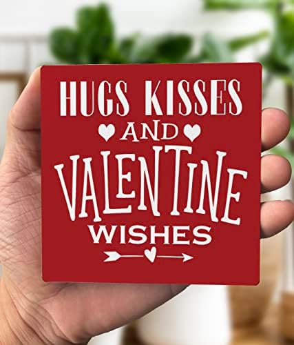 Valentinovo dnevno plak, zagrljaji poljupci i dekor valentine, plaketa sa drvenim postoljem, smisleni drvni znak
