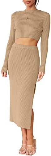 ANRABESS Ženska odjeća od 2 komada haljina Dugi rukav Crop džemper Top & amp; rebrasti Midi Bodycon set