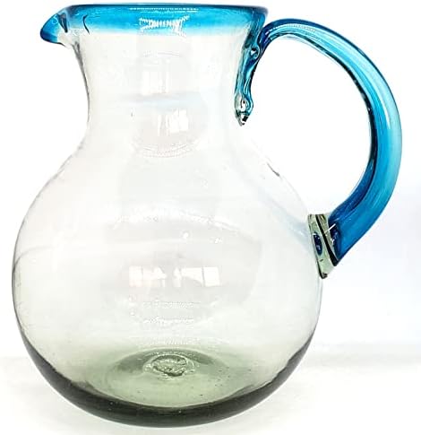 MexHandcraft Aqua Blue Rim 120 oz Pitcher i 6 čaša za piće set, reciklirano staklo, bez olova, bez