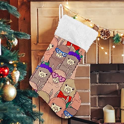 Božićne čarape Pink Alpaca Llama Naočala Luk kravata Bijela plišana manžetna Mercerizirana obiteljski odmor