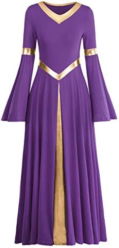 Žene Metallic V izrez Pohvale plesne haljine Liturgijski obožavanje kostim BI Color Bell s dugim