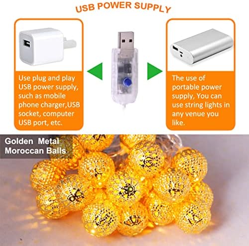 ANLAIBAO Marokanska žičana svjetla, Zlatna metalna kugla USB utikač sa daljinskim tajmerom,