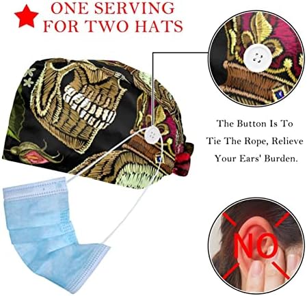2 pakovanja Podesivi radni šešir sa tipkama, lubanja besprijekorna hirurška hirurga kape duks, piling kapice