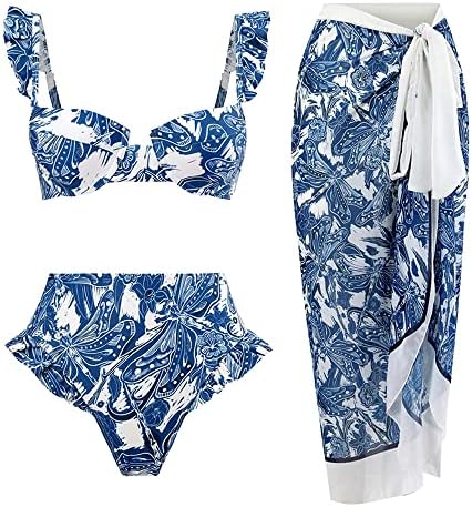 Wiuitrie Womens bikini set 3 komada Elegantni vintage print ruffled čipke up brazilski thong kupaći