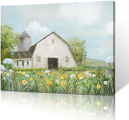 Yelash Old barn Pictures zidna Umjetnost, rustikalni zidni dekor seoske kuće za dnevni boravak, bijeli Barn Canvas Art šareno cvijeće Country Landscape Painting Poster za uređenje doma