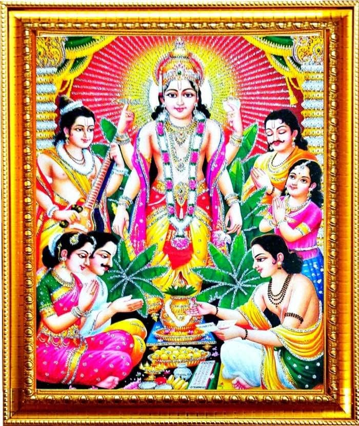 Satyanarayna Swami Ji okvir za fotografije Satyanarayana Swamy Vishnu Avatar Satya Narayan Bhagwan zlatni okvir za fotografije 18X14 sa žutom tkaninom