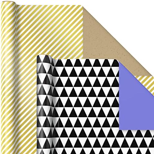 Hallmark Reversible Wrapping Paper Bundle Stripes, Chevron, čvrst, crn & bijela, zlatna, zelena, narandžasta,