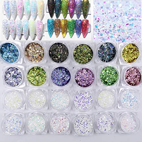 24 boje Nail Glitter Powder Sparkle Holografske šljokice pahuljice za žene djevojke Nail Art
