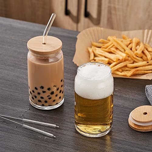 RLCOEUS Set od 4 čašice za piće sa bambusovim poklopcima i 6 staklenih slamki - može oblikovati pivske