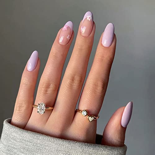 3 pakovanja presa na noktima Bademasti srednji lažni nokti puni poklopac francuski vrh lepak na noktima mali cvetovi dizajn lažni nokti ljubičasto ružičasto plavi akrilni nokti za žene