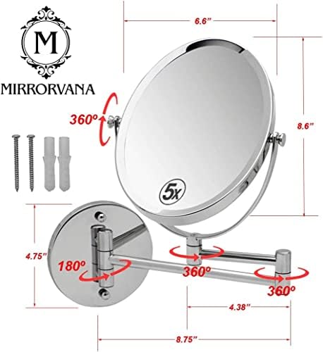 Zidna kupaonica šminka & amp; ogledalo za brijanje, dvostrano 5x & 1x uvećanje, 13-inčna produžna okretna ruka, ovalna površina stakla 6.6 x 8.6, hrom
