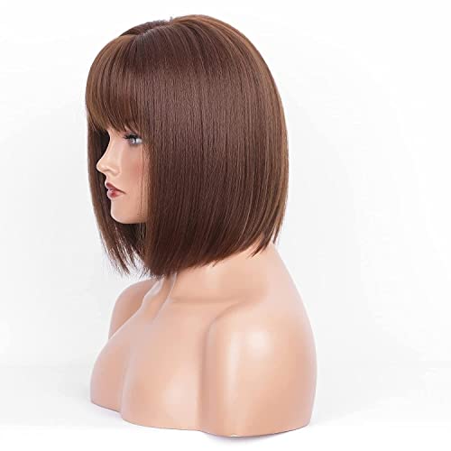 HAIRCUBE kratke smeđe Bob perike za žene ravne sintetičke perike sa strane kose sa urednim šiškama