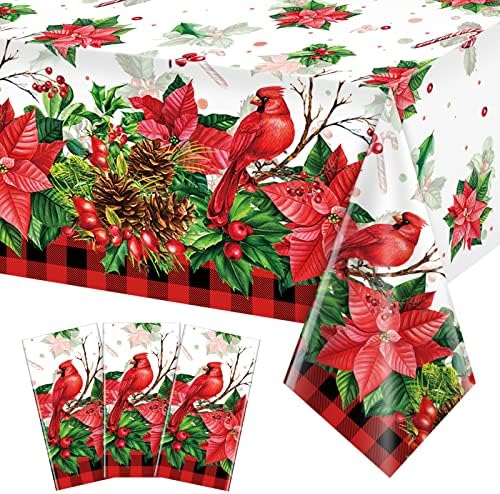 3pcs božićni kardinalni poinsettia Party Stolcloths, plastični Crveni crni bivoli karirani kardinalni ptice