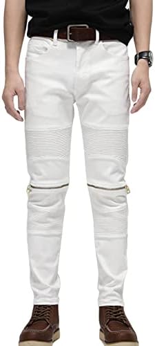 DgKaxiyahm Muškarci Bijeli Slim Fit visoke elastične pantalone za elastičnu traku Biker patentni