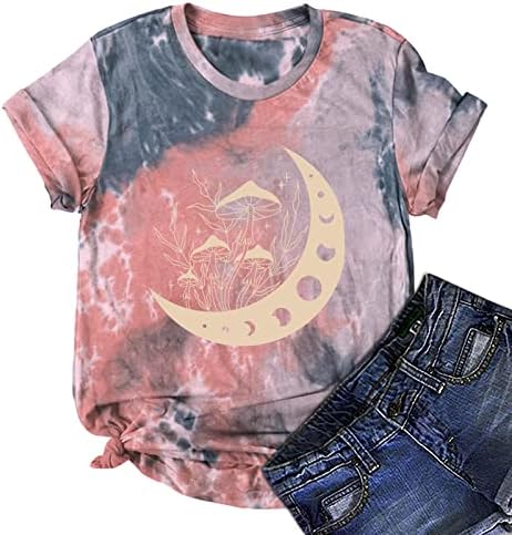 Ženske Tie Dye Tops 2023 Sun Moon Mushroom Tees T Shirts Vintage Kauzalne Tunike Loose Fit T-Shirt