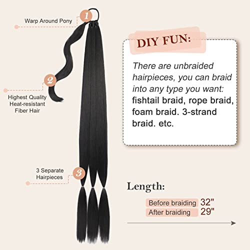 NANNAN 32inch dugi pleteni rep produžetak s kravatom za kosu crni ravni omotač oko ekstenzija pletenice za kosu za žene sintetički visokotemperaturni Pahuljasti prirodni Meki komad kose za žene svakodnevno nošenje