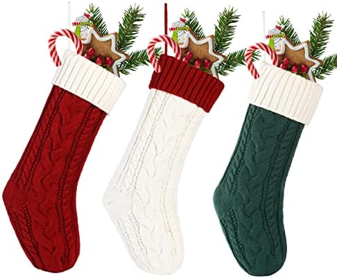 Kwubie Božićne čarape, 18 inča Božićne čarape, 3 paketa Burgundija, zelena, bjelokosti pletene