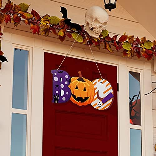 Halloween vijenac vrata Boo znak vrata dekoracije Halloween vrata viseći znak drveni Halloween Boo znak dekoracije Halloween bundeva Ghost znak vrata za dom vanjski dekor, 14 x 7 inča