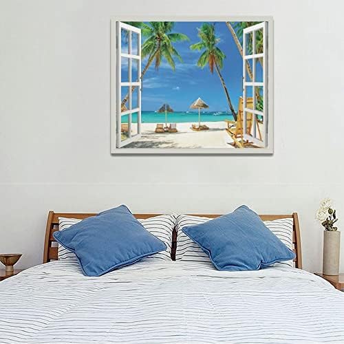 Plaža kupatilo zid Umjetnost obalna plaža Palme slike zid dekor Plavo More 3D pogled na prozor platno slikarstvo Print umjetnička djela Tropski okean Nautički zidni dekor uokviren za dnevni boravak spavaća soba 24x20