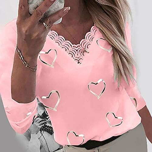 Ylioge ženske modne dukseve srca Ispis V izrez čipke patchwork puloveri dugih rukava pune majice plus veličine