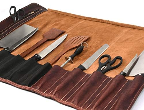 Kožna torba za odlaganje noža, elastični i proširivi 10 džepova, Podesiva / odvojiva naramenica, torbica za kuharski nož prilagođena putovanju