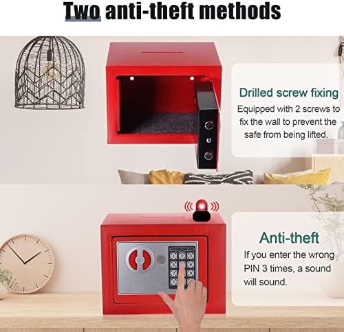 PATIKIL sigurna kutija Vatrootporna vodootporna, sigurnosna kutija sa kombinovanom bravom i alarmnim sistemom, lični Kućni sef za gotovinske dokumente vrijedne, Crvena