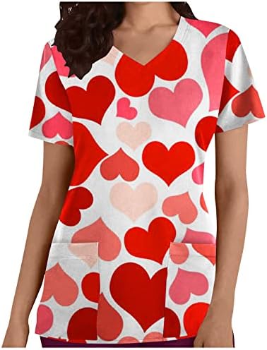 Žene Valentinovo Tops Heart Print Tshirt medicinska sestra uniforme kratki rukav V-izrez majice