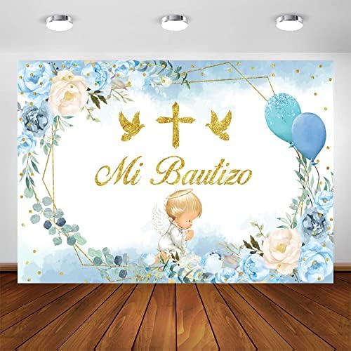 Mi Bautizo znak pozadina za dječaka Angel plava bijela cvijet Balloon zlato blagoslovi prvo Sveto Pričešće krštenje