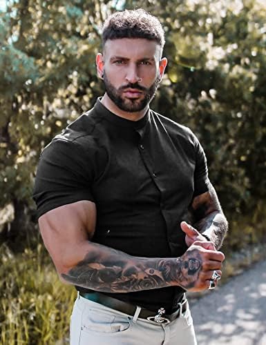 URRU muške Muscle Dress Shirts Slim Fit Stretch Banded Collar Long & amp; kratki rukav casual button down