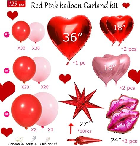 Ružičasti i crveni balon Garland Kit 125pcs Valentines Balloon luk sa srcem baloni i baloni za usne