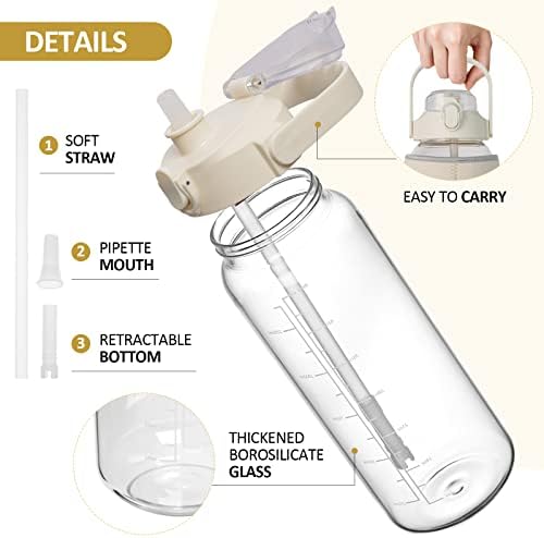 Kytffu 64oz staklene flaše za vodu sa slamkom, motivaciono staklo za flašu vode od pola galona sa zaštitnim