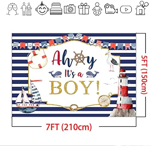 Mocsicka Ahoy to je dječak Nautički Baby Shower pozadina bijele plave pruge Marine more Svjetionik brod Baby