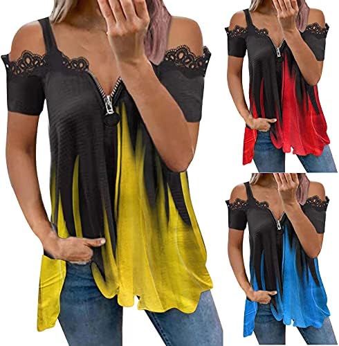 Timifis sa vrhova ramena za žene Ljetni patentni zatvarač - Bluza izreza Labavi fit majica kratkih rukava