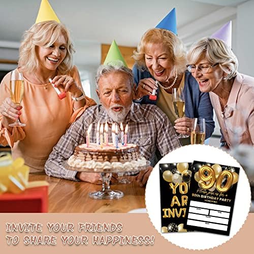 90. rođendanski pozivnice za rođendan, crno-zlatni mirno rođendan, dvostrano zlatno folija