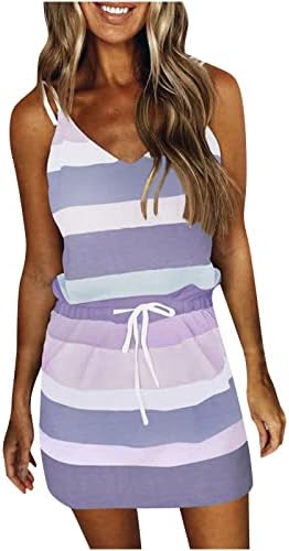 Žene 2023 Ljetna haljina bez rukava V izrez Striped Print Sandresses Labave casual plaža mini