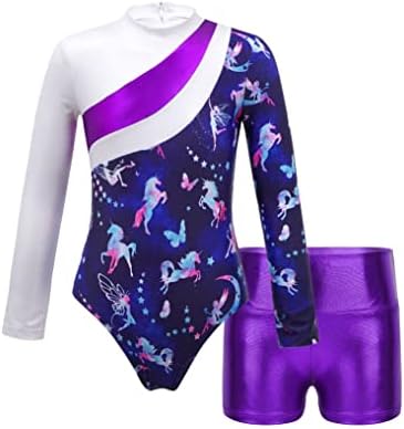 Yuumin Kids Gimnastika Leotard za djevojke balet s dugim rukavima Plesni bodysuit top sa šorcama Unitard Purple