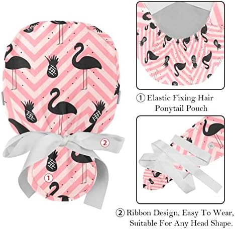 Medicinske kape za žene sa tipkama Duga kosa, 2 komada Podesiva radna kapa, Flamingo Stripe Pink