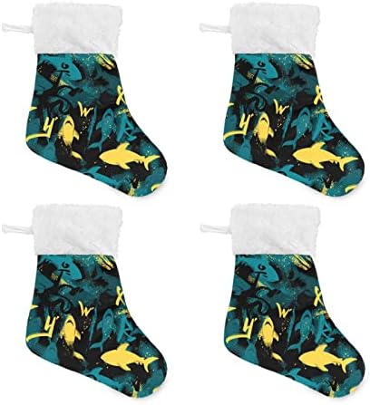 Jhkku Shark Mini božićne čarape, 4-pakovanje 7,8 inča Male Xmas Božićne čarape sa plišanim bijelim