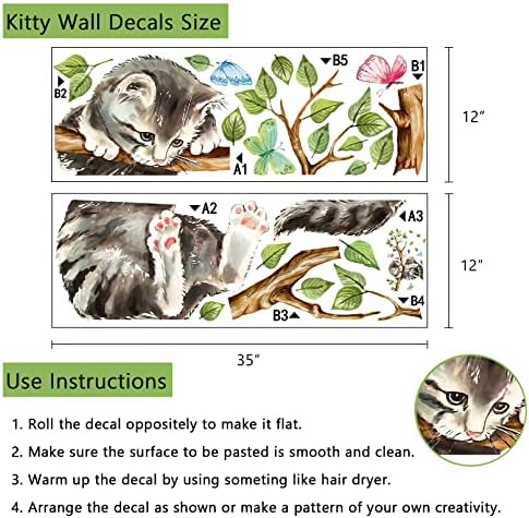 Yovrky Cat na drvenim granama Zidne naljepnice Naljepnice, Kitty životinjski vrtić, zeleni lišće dječje