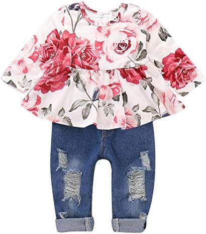 Sanmio Djevojka odjeća za odjeću, slatka toddler baby ruffle rukave cvjetne majice s toplim Jeans