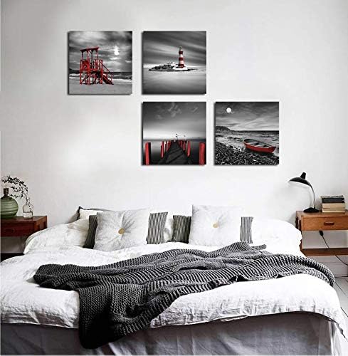 Crno-bijeli zid na plaži Art morski pejzaž crveni Svjetionik Boardwalk Boat Sunrise Scenografija zidna slika