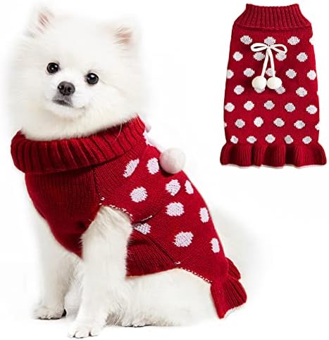 Emust Dog džemperi za male pse, džemper sa točkicama sa pom Pom loptom topli mačji džemper trikotaža Turleneck mali džemperi za pse, Crveni, S