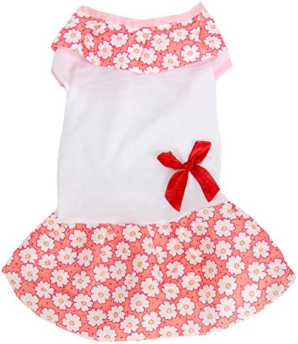 CueCue roze / Bijela cvjetna haljina za kućne ljubimce sa crvenom mašnom