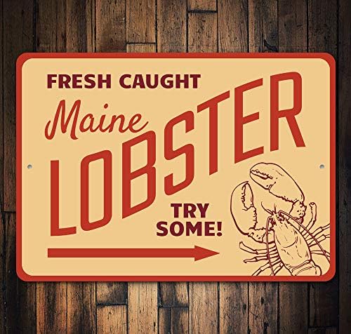 Svježe ulovljeni jastog iz Mainea, koliba od morskih plodova, znak Restorana na plaži, aluminijumski znak za