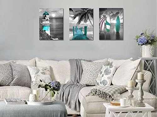Arjun Teal canvas Wall Art Ocean Lighthouse Painting Tree daska za surfanje slike uokvirene 16x20x3 ploče, obalna plaža moderna umjetnička djela za kupatilo spavaća soba dnevni boravak trpezarija kućni ured zidni dekor
