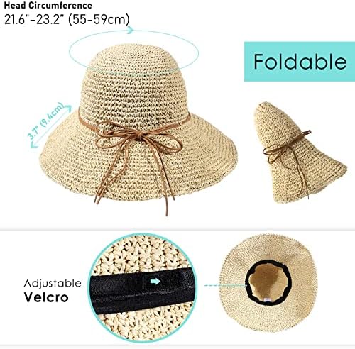 Ženski sklopivi slamnati šešir za sunce sa širokim obodom UPF 50+ kukičani ljetni floppy šešir