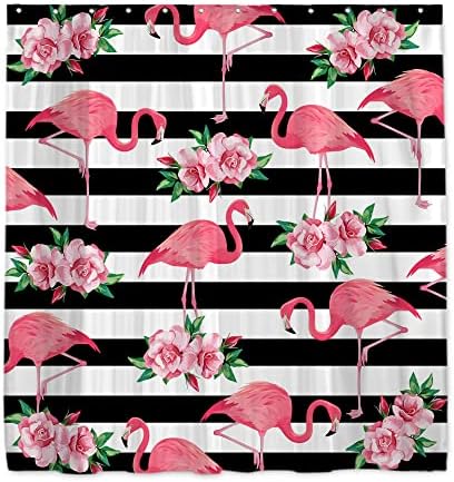 Onecmore Flamingo tuš za zavjese Crna bijela pruga s ružičastom cvjetnom tropskom životinjom Moderna