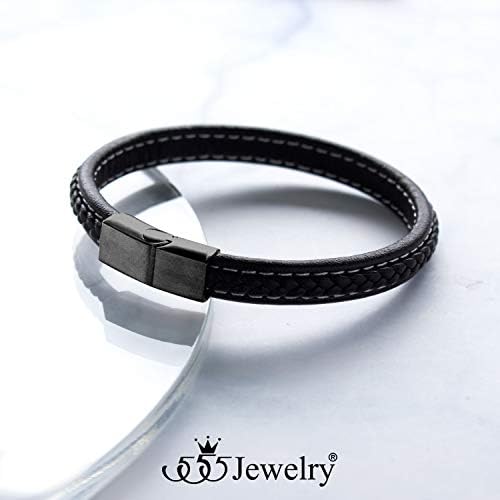 555jewelry Nerđajući čelik magnetna kopča tanka pletena crna kožna narukvica za muškarce