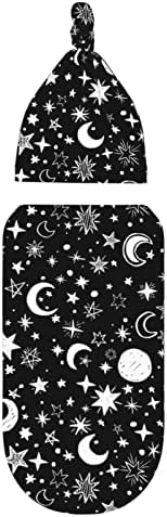 Ykklima baby newborn prekrivač sa besnim šeširom - crni bijeli mjesec i zvjezdani uzorak koji primaju pokrivače za spavanje za djevojke dječake dojenčad
