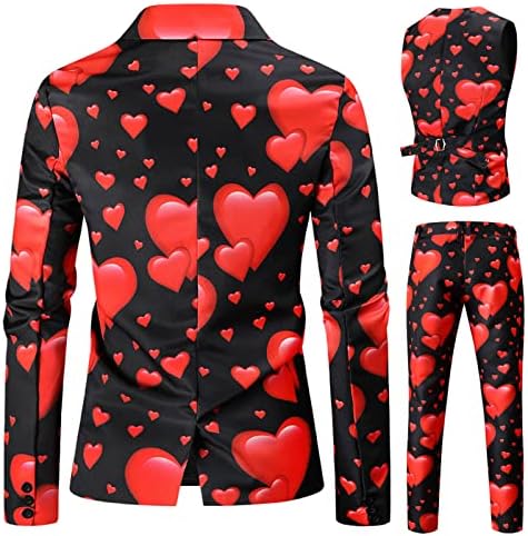 Ubst Valentinovo 3 komadna odijela za mens, ljubavno srce tiskane tuxedo bleder pojas hlače pantalone